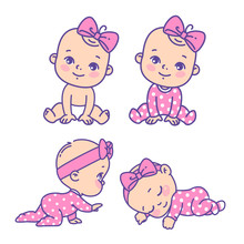 Cute Little Girl Icon Set. Collection Of Vector Stickers Of Little Baby Girl In Pink Pajamas, Bow, Diaper. Child Sleeping, Sitting, Crawling. Emblem Of Kid Health. Vector Color Illustration.