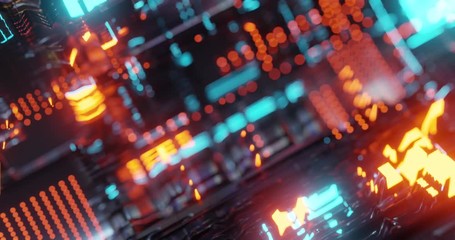 Poster - Motion graphic 4K seamless loop of abstract technology background, led and flickering particles. Animation of electric circuit signal with light glow and Bokeh. Futuristic concept. 3D render
