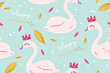 Sweet sleepy princess swan pattern. Cute nursery childish print. Cartoon hand drawn vector illustration.