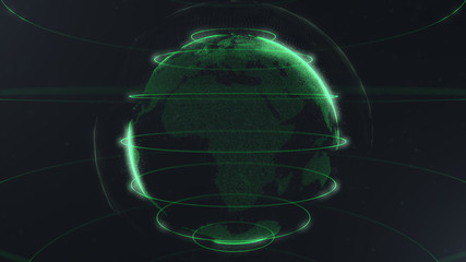 Wall Mural - Futuristic sphere of dots. Globalization interface. Sense of science and technology abstract graphics. 3D rendering. Green loops around sphere. Sidepieces of the planet are glowing and sparking.