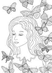 Fotomurales - happy girl and flying butterflies for your coloring page