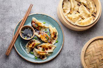 Poster - Asian dumplings on blue plate