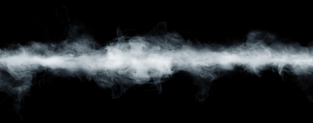 panoramic view of the abstract fog or smoke move on black background. white cloudiness, mist or smog