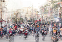 Abstract City Life And Traffic Concept - Crowded Streets Double Exposure  -