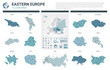 Vector maps set.  High detailed 13 maps of Eastern Europe countries with administrative division and cities. Political map, map of Europe continent, world map, globe, infographic elements.