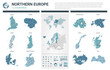 Vector maps set.  High detailed 12 maps of Northern Europe countries with administrative division and cities. Political map, map of Europe continent, world map, globe, infographic elements.