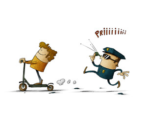 illustration of a man riding an electric scooter and a policeman running behind whistling.