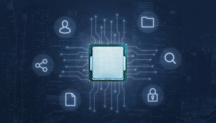 Poster - Computing concept with CPU, processor lighting circuits and internet online services icons.