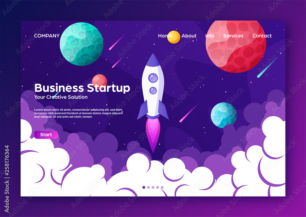 Website landing home page with rocket. Business project startup and ...