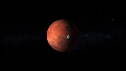 Wall Mural - Space travel to Mars planet rotating with moon orbit zoom in. Contains public domain image by Nasa