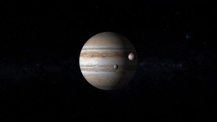 Wall Mural - Space travel to Jupiter planet rotating with moon orbit zoom in. Contains public domain image by Nasa