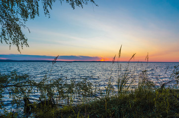 Wall Mural - a view of the sunrise, the sunset from the banks of the river of grass through the leaves of a birch