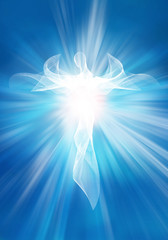 Illustration modern abstract white angel in sky with bright light rays