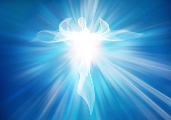 modern abstract white angel in sky with bright light rays