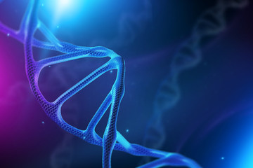 Creative background, dna structure, DNA molecule on a blue background, ultraviolet. 3d render, 3d illustration. The concept of medicine, research, experiments, experiment, virus, disease.