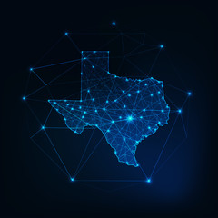 Wall Mural - Texas state USA map glowing silhouette outline made of stars lines dots, low polygonal shapes.