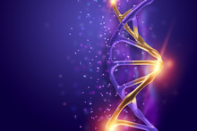 Creative Background, Dna Structure, Golden DNA Molecule On Violet Background, Ultraviolet. 3d Render, 3d Illustration. The Concept Of Medicine, Research, Experiments, Experiment, Virus, Disease.