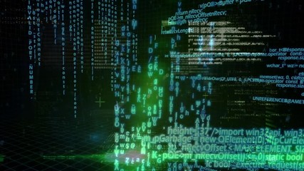 Digital data moving on a digital grid background with binary code flying