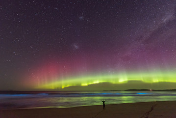 one person in silhouette standing in awe of an incredible display of the aurora australis or souther