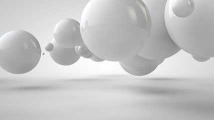 Poster - 3D illustration of balls of different sizes hanging in space. The idea of order, chaos and harmony. Abstraction. Comparative image of the geometry of space. 3D rendering isolated on white background.