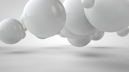 Poster - 3D illustration of balls of different sizes hanging in space. The idea of order, chaos and harmony. Abstraction. Comparative image of the geometry of space. 3D rendering isolated on white background.