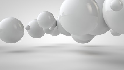 Poster - 3D illustration of balls of different sizes hanging in space. The idea of order, chaos and harmony. Abstraction. Comparative image of the geometry of space. 3D rendering isolated on white background.