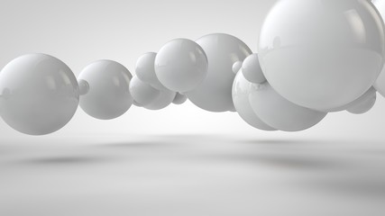 Poster - 3D illustration of balls of different sizes hanging in space. The idea of order, chaos and harmony. Abstraction. Comparative image of the geometry of space. 3D rendering isolated on white background.
