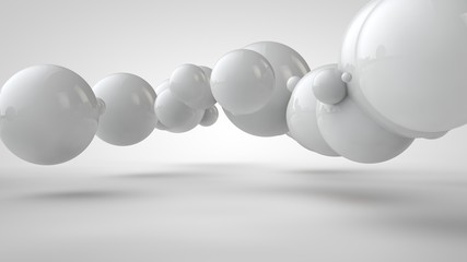 Poster - 3D illustration of balls of different sizes hanging in space. The idea of order, chaos and harmony. Abstraction. Comparative image of the geometry of space. 3D rendering isolated on white background.