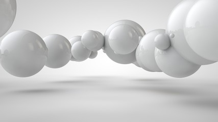 Poster - 3D illustration of balls of different sizes hanging in space. The idea of order, chaos and harmony. Abstraction. Comparative image of the geometry of space. 3D rendering isolated on white background.