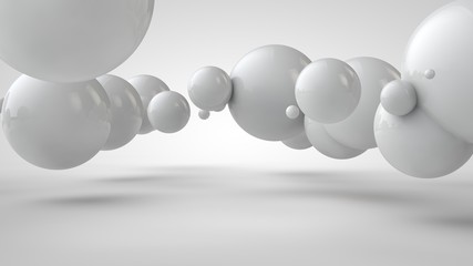Poster - 3D illustration of balls of different sizes hanging in space. The idea of order, chaos and harmony. Abstraction. Comparative image of the geometry of space. 3D rendering isolated on white background.