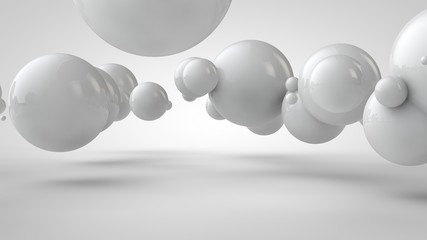 Poster - 3D illustration of balls of different sizes hanging in space. The idea of order, chaos and harmony. Abstraction. Comparative image of the geometry of space. 3D rendering isolated on white background.