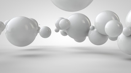 Poster - 3D illustration of balls of different sizes hanging in space. The idea of order, chaos and harmony. Abstraction. Comparative image of the geometry of space. 3D rendering isolated on white background.