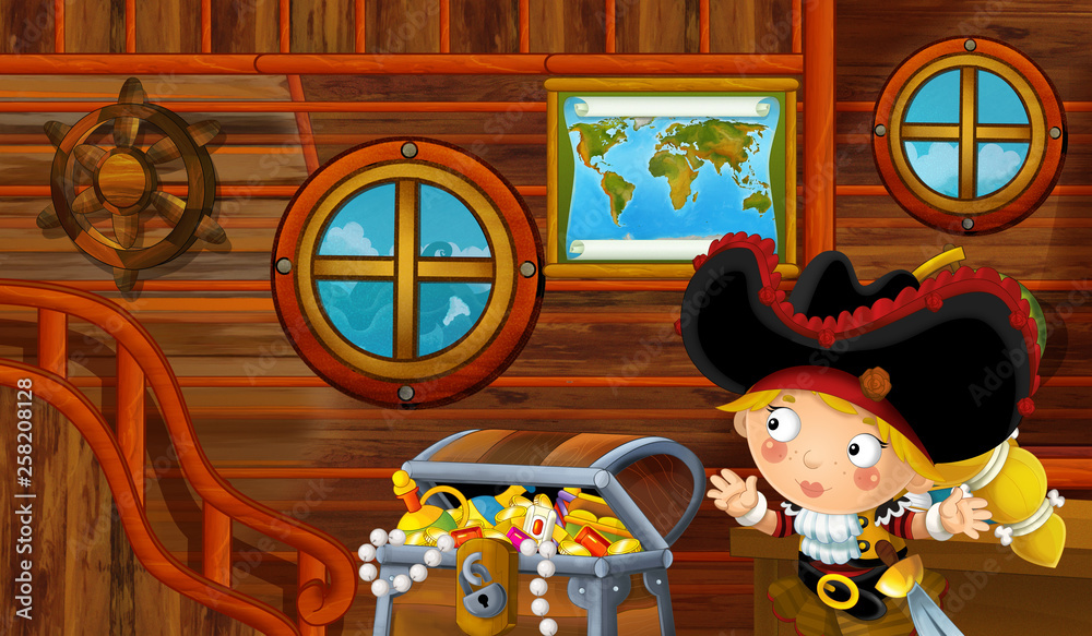 cartoon scene with pirate ship cabin interior with pirate girl sailing ...