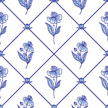 Seamless Pattern Of Rhombuses And Flowers, Traditional Blue Painting In The Dutch Style, Delft, Gzhel, Print For Fabric, Background For Various Designs