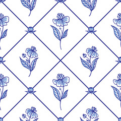 seamless pattern of rhombuses and flowers, traditional blue painting in the dutch style, delft, gzhe