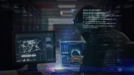 Poster - Hacker hacking computer with data on the foreground