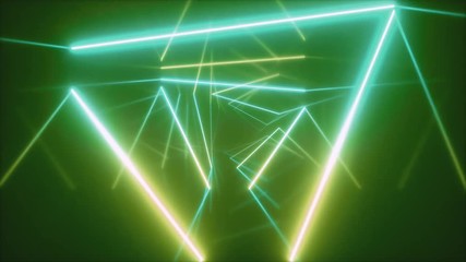 Wall Mural - Abstract flying in futuristic corridor with triangles, seamless loop 4k background, fluorescent ultraviolet light, colorful laser neon lines, geometric endless tunnel, blue green spectrum, 3d render