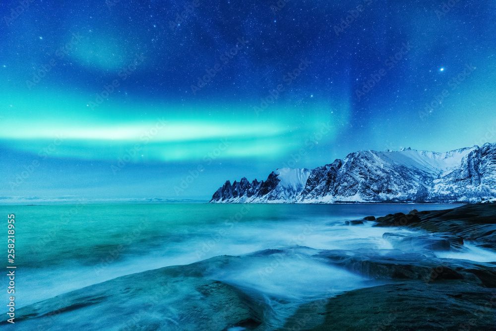 Natural phenomenon - aurora borealis on Lofoten islands in Norway, Scandinavia - the UNESCO world heritage spot, location - Senja island, Tromso on March. - obrazy, fototapety, plakaty 