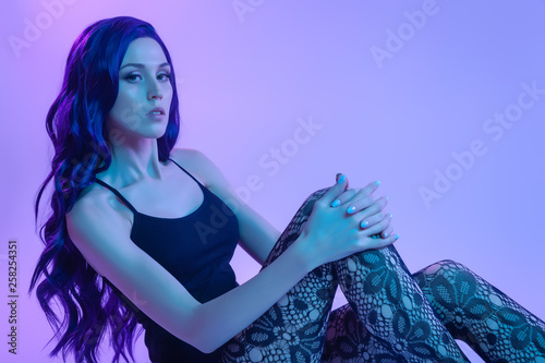 Beautiful Woman With Long Purple Hair In Black Underwear