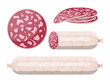 Slices of salami sausage isolated on white. Meat delicatessen gastronomic product. Vector illustration in flat style