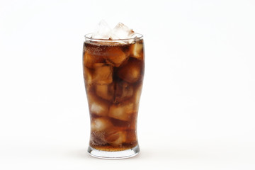 Cola in glass with ice on white background