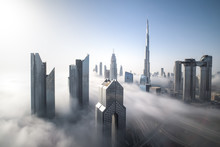 Cityscape Of Dubai Downtown Skyline On A Foggy Winter Day. Dubai, UAE.