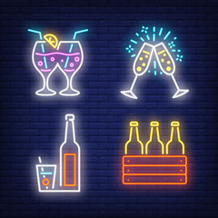 Wall Mural - Clinking champagne flutes, martini, beer bottles neon signs set