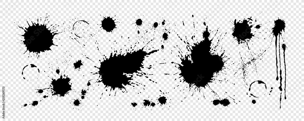 Black ink blots with drops - obrazy, fototapety, plakaty 