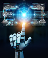 Poster - white robot hand using robotics arms with digital screen 3d rendering