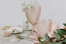 Pink Vintage Wedding Table Setting -crystal Wine Glasses With Flowers, Minimal Lifestyle Concept