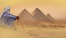 Desert Landscape With The Egyptian Pyramids And The Image Of A Bedouin Man Looking Into The Distance.