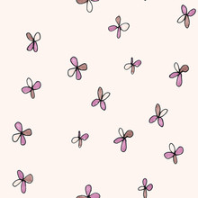 Simple Flowers Pattern Quatrefoil Sketch Markers. Pastel Colors - Purple, Beige, Gray-blue. Hand Painted On A Pink Background