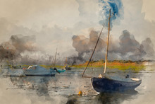 Watercolor Painting Of Summer Evening Landscape Of Leisure Boats In Harbor At Low Tide