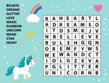 Educational Game Word Search For Kids. Crossword Game. Fairy Tale. Cute Cartoon Vector Unicorn, Rainbow And Magic Wand. Learning English Vocabulary.